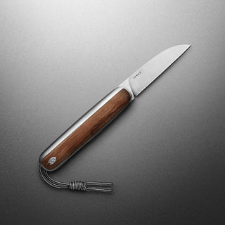 James The Pike Knife with polished steel blade and smooth rosewood handle on gray background