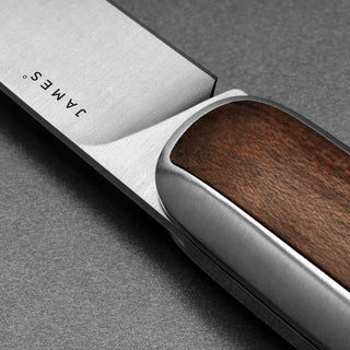 James The Pike Knife showing close-up of polished stainless blade and smooth rosewood handle by The James Brand