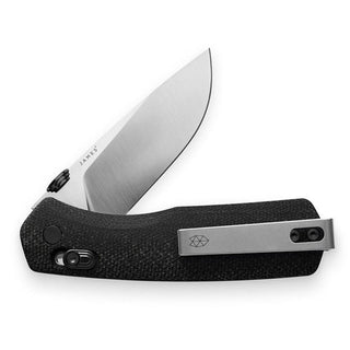 James The Carter Knife folding with black textured Micarta handle and smooth VG-10 steel blade partially open