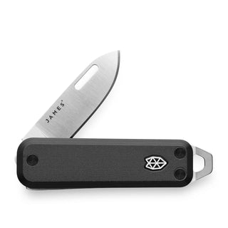 James The Elko Knife with matte black Micarta handle and stainless steel blade partially open