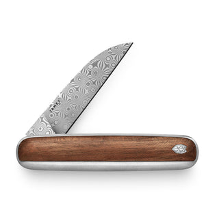 James The Pike Knife with patterned Damascus blade and smooth rosewood handle by The James Brand