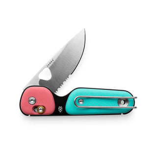 James The Redstone Knife with partially serrated stainless steel blade and red and teal polypropylene handle