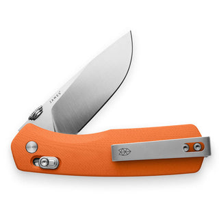 James The Carter Knife with orange Micarta handle and stainless steel blade partially open