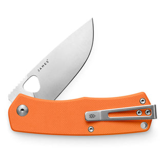 James The Folsom Knife with bright orange G10 handle and stainless steel VG-10 blade by The James Brand