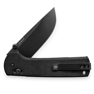 James The Kline Knife with textured black Micarta handle and partially open drop point blade
