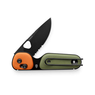James The Redstone Knife with textured orange and green polypropylene handle partially serrated blade
