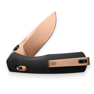 James The Carter Knife with rose gold VG-10 blade and textured black G10 handle by The James Brand
