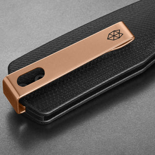 James The Carter Knife showing copper clip detail on textured black G10 handle by The James Brand