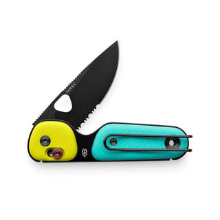 James The Redstone Knife with black blade, yellow and turquoise polypropylene handle, and stainless steel clip