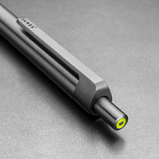 Close-up of James The Burwell Ballpoint Pen titanium end and green accent ring