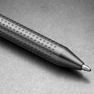 Close-up of James The Burwell Ballpoint Pen titanium textured grip and tip