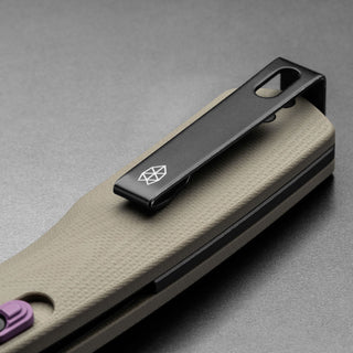 James The Carter Knife with textured tan Micarta handle and black steel pocket clip by The James Brand