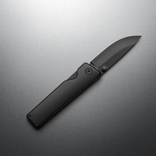 James The Chapter 2 Knife with sleek black titanium handle and curved s35vn blade open on gray background