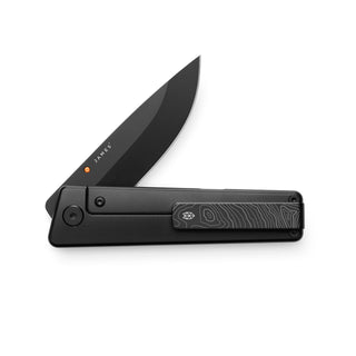 James The Chapter 2 Knife partially open showing matte black titanium handle and sleek blade design
