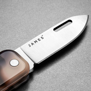 James The Elko Knife close-up on Sandvik steel blade with eco-acetate handle edge detail