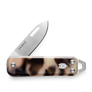 James The Elko Knife with eco-acetate handle and Sandvik steel blade partially open, side view