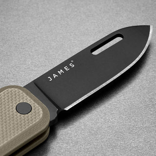 James The Elko Knife black blade with textured tan Micarta handle close-up by The James Brand