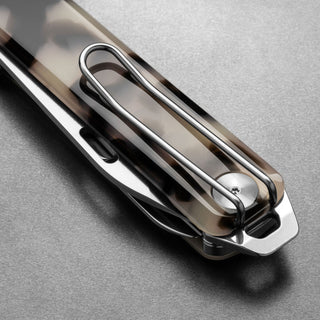 James The Ellis Scissors Knife with eco-acetate handle and sleek stainless steel clip shown close-up