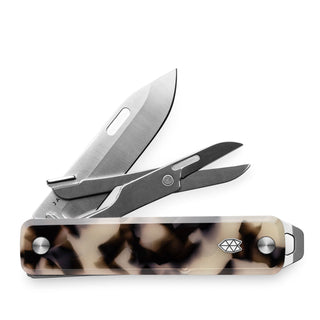 James The Ellis Scissors Knife with eco-acetate handle and stainless steel blade open on white background