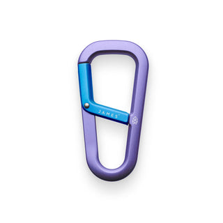 James The Hardin Carabiner in anodized purple aluminum with blue spring-loaded latch by The James Brand