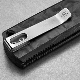 James The Kline Knife clip detail on textured dark Micarta handle by The James Brand