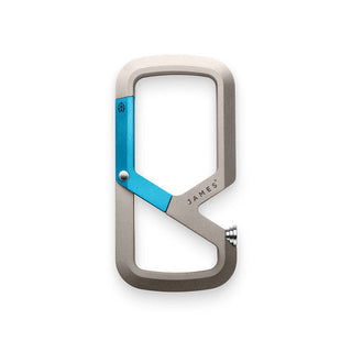 James The Mehlville Carabiner in anodized aluminum with blue latch and stainless steel bottle opener mechanism