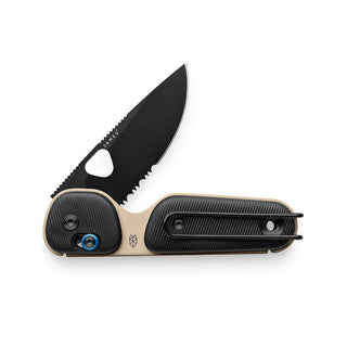 James The Redstone Knife with black serrated blade and tan textured polypropylene handle by The James Brand