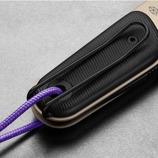 James The Redstone Knife showing black stainless pocket clip with purple lanyard on textured handle