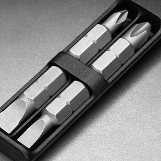 James The Warrick Bit Driver set showing four anodized aluminum screwdriver bits in black holder