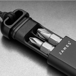 James The Warrick Bit Driver with anodized aluminum body and two steel screwdriver bits visible