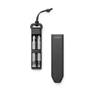 James The Warrick Bit Driver with anodized aluminum case and four metal screwdriver bits in black