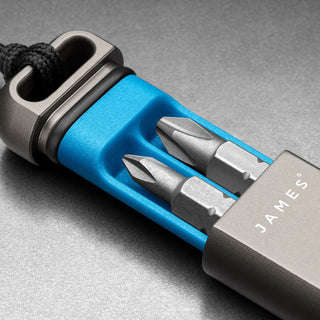 James The Warrick Bit Driver with anodized aluminum body and two steel screwdriver bits displayed