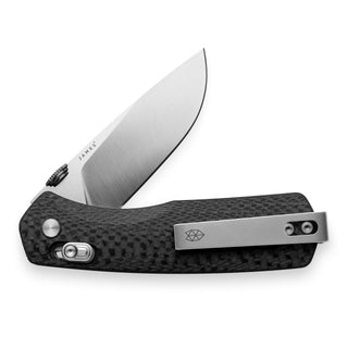 James The Carter Knife with textured black carbon fiber handle and sleek VG-10 stainless steel blade partially open
