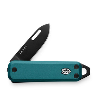James The Elko Knife with teal Micarta handle and black Sandvik steel blade partially open
