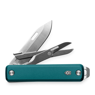 James The Ellis Scissors Knife with teal Micarta handle and stainless steel blade and scissors opened