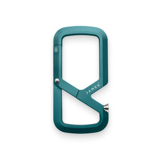 James The Mehlville Carabiner in teal anodized aluminum showcasing dual compartment design and spring latch mechanism