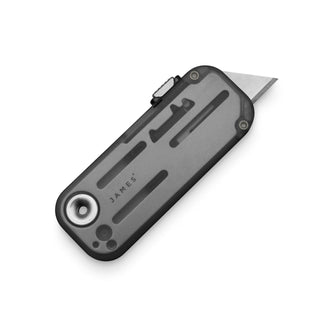 James The Palmer Recycled PC Knife showing translucent black recycled handle and extended sharp utility blade