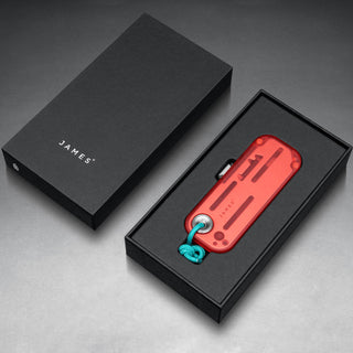 James The Palmer Recycled PC Knife in red recycled PCTG with blue lanyard in branded black box by The James Brand