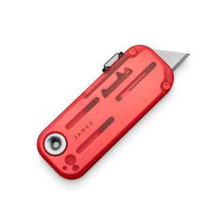 James The Palmer Recycled PC Knife in translucent red with visible internal components and utility blade extended