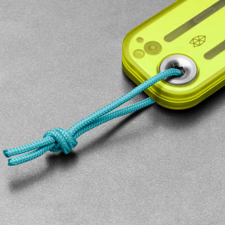 James The Palmer Recycled PC Knife with neon yellow recycled handle and turquoise lanyard detail close-up