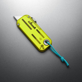 James The Palmer Recycled PC Knife with translucent yellow recycled handle and blue lanyard looped detail