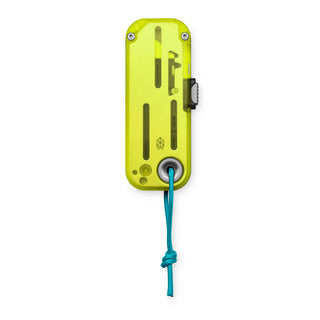 James The Palmer Recycled PC Knife in translucent yellow with turquoise cord and visible blade components
