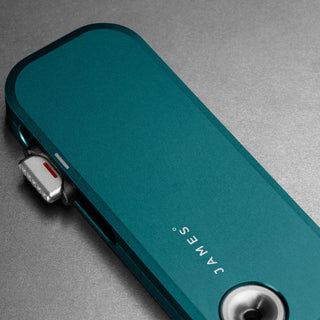 James The Palmer Knife by The James Brand with anodized teal aluminum handle close-up view