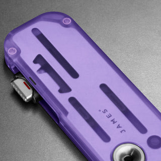 James The Palmer Recycled PC Knife in translucent purple recycled PCTG with visible internal components