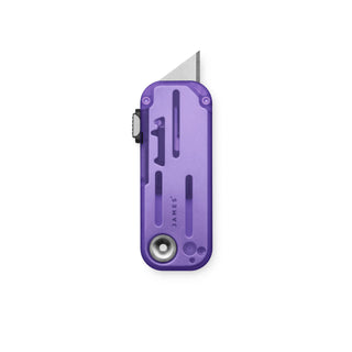 James The Palmer Recycled PC Knife in purple with translucent recycled PCTG handle and visible utility blade