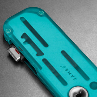 James The Palmer Recycled PC Knife by The James Brand with translucent teal recycled PCTG handle close-up
