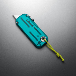 James The Palmer Recycled PC Knife with teal recycled handle and yellow lanyard extended blade close-up