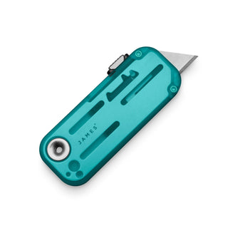 James The Palmer Recycled PC Knife with translucent teal recycled plastic handle and visible utility blade