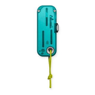 James The Palmer Recycled PC Knife in teal with anodized aluminum handle and yellow lanyard rope attached