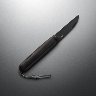 James The Pike Knife with dark wood handle and black blade on gray background
